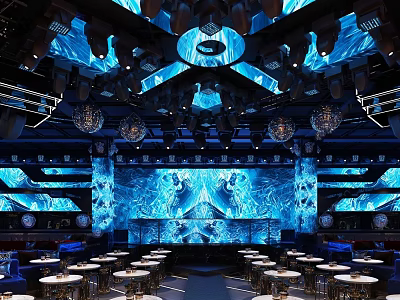 Bar Interior Design Featuring Blue Lighting Ceiling Decorations And Large Background Screen 3d model