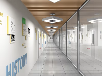 Modern Office Hallway With Glass Walls Wooden Ceiling And Exhibits 3d model