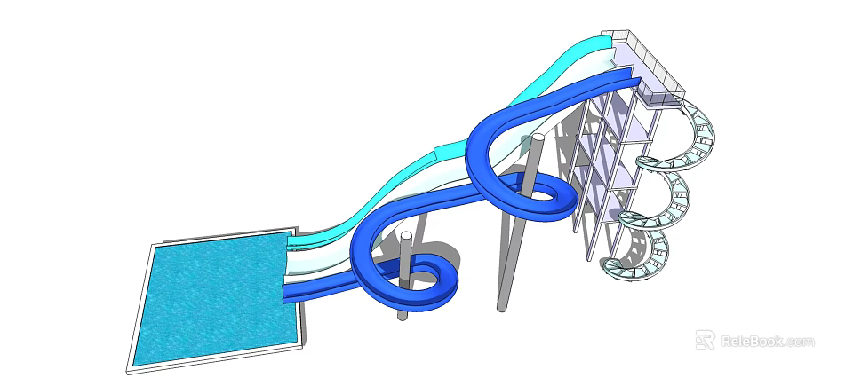 Spiral Blue Water Slides With Pool Connection And Curved Track Design 3d model 