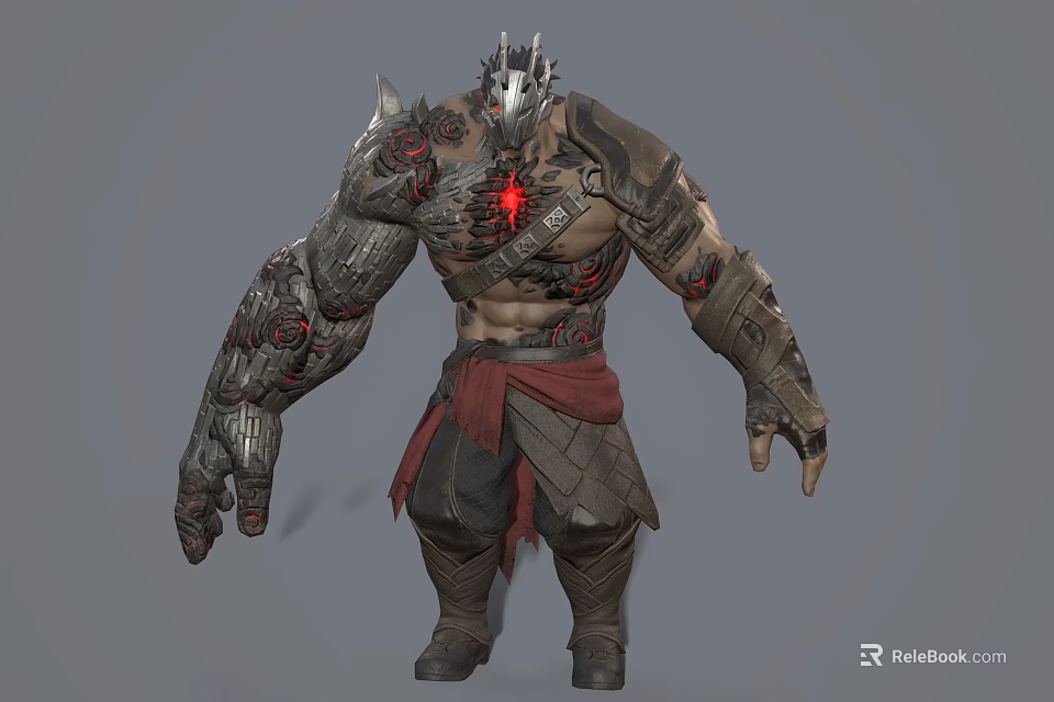 Game Movie Character Muscular Warrior with Spiked Helmet Mechanical Arms and Red Core Accents 3d model 