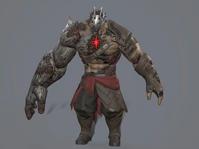 Game Movie Character Muscular Warrior with Spiked Helmet Mechanical Arms and Red Core Accents 3d model