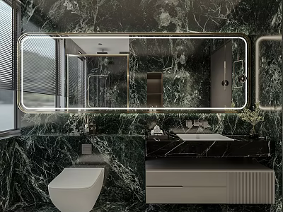 Elegant Modern Bathroom Interior With Marble Walls Large Mirror Vanity And Toilet 3d model