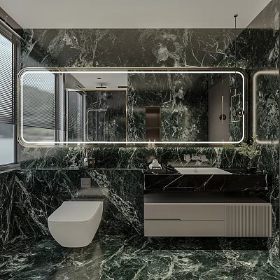 Elegant Modern Bathroom Interior With Marble Walls Large Mirror Vanity And Toilet 3d model