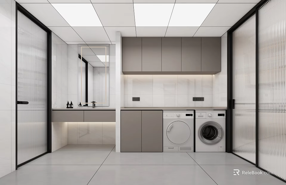 Modern Laundry Room Interior With Washing Machines Cabinets Sink And Mirror 3d model 
