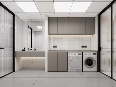 Modern Laundry Room Interior With Washing Machines Cabinets Sink And Mirror 3d model