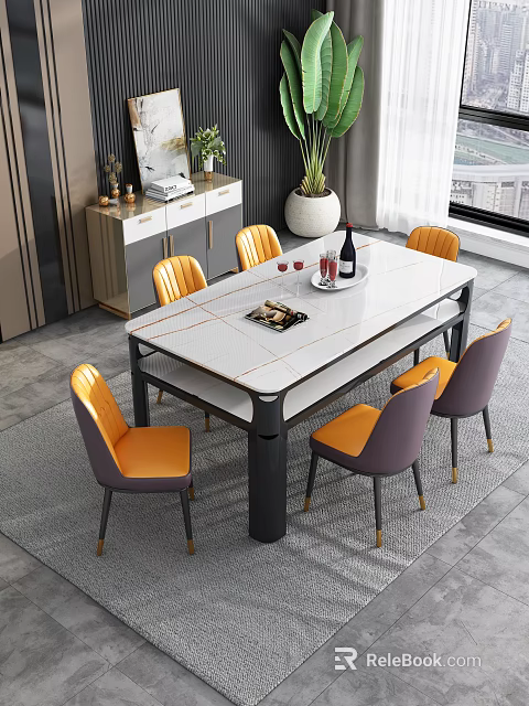 Dining Table Set With White Marble Top Orange Purple Chairs Wine Glasses And Magazine 3d model 