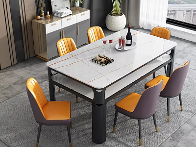 Dining Table Set With White Marble Top Orange Purple Chairs Wine Glasses And Magazine 3d model