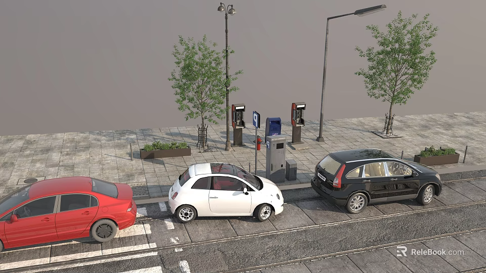 Public Facility Area With Parking Meters Street Lamps Trees And Parked Cars On Sidewalk 3d model 