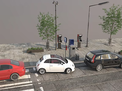 Public Facility Area With Parking Meters Street Lamps Trees And Parked Cars On Sidewalk 3d model