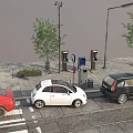 Public Facility Area With Parking Meters Street Lamps Trees And Parked Cars On Sidewalk