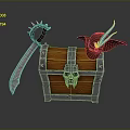 Pirate Themed Treasure Chest With Skull Emblem Curved Sword And Feathered Hat