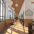 Warm Elevator Hallway with Wooden Ceiling Large Windows Sunlight Light Shadows Bookshelves and Blackboard