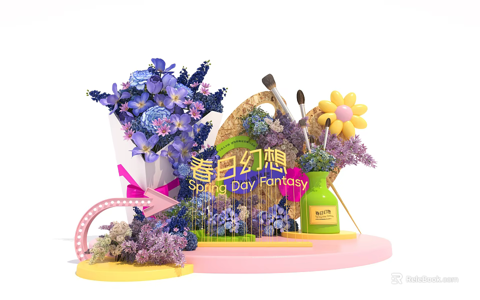 Spring Themed Floral Installation With Purple Blue Flowers Straw Hat Yellow Blossoms And Green Vase 3d model 