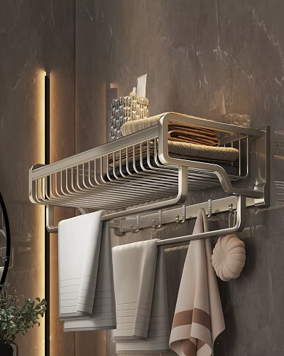 Bathroom Wall Mounted Stainless Steel Shelf With Towel Holder And Toiletries Storage 3d model