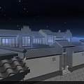 Scenic Snowy Night Courtyard with Chinese Architecture Red Lanterns Full Moon and Starry Sky