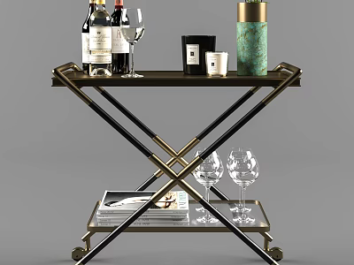 Commercial Metal Serving Trolley With Wine Bottles Glasses Candles And Magazines 3d model
