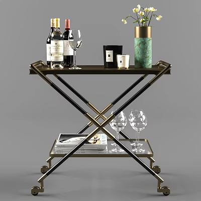 Commercial Metal Serving Trolley With Wine Bottles Glasses Candles And Magazines 3d model