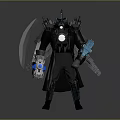 Game Movie Character With Sci Fi Mechanical Armor Blue Luminous Parts And Sickle Like Weapon