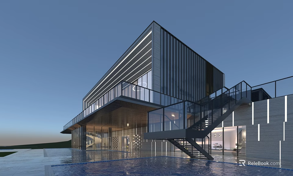 Modern Detached Villa With Glass Windows Metal Facade Terrace And Waterfront Staircase Design 3d model 