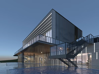 Modern Detached Villa With Glass Windows Metal Facade Terrace And Waterfront Staircase Design 3d model