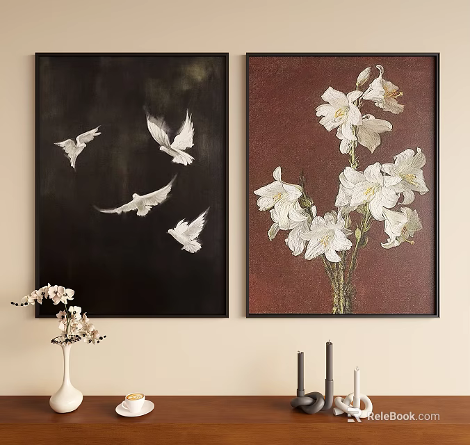 Decorative Wall Art With Flying Birds On Black And White Flowers On Brown Backgrounds 3d model 