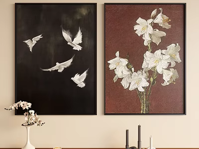 Decorative Wall Art With Flying Birds On Black And White Flowers On Brown Backgrounds 3d model