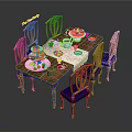 Elegant Classic Dining Furniture Set With Wooden Table Blue Cushioned Chairs And Decorative Dinnerware