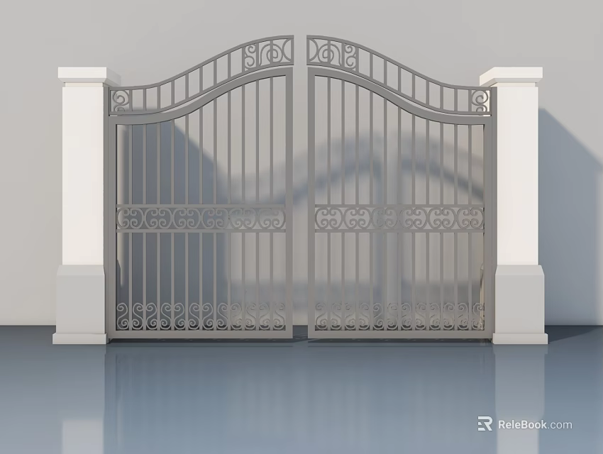 Metal Swing Gate With Ornate Patterns Flanked By White Pillars And Symmetrical Arch Top Design 3d model 