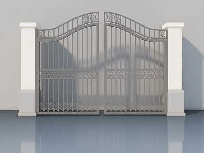 Metal Swing Gate With Ornate Patterns Flanked By White Pillars And Symmetrical Arch Top Design 3d model