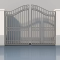 Metal Swing Gate With Ornate Patterns Flanked By White Pillars And Symmetrical Arch Top Design