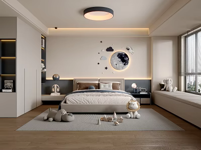 Modern Kids Room Interior With Bed Rug Toys And Moon Stars Wall Decor 3d model