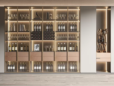 Modern Wine Cabinet With Glass Shelves Wine Bottles And Decorative Sculpture 3d model