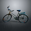 Stylish Vintage Bicycle With Blue Seat Golden Frame And Large Wheels