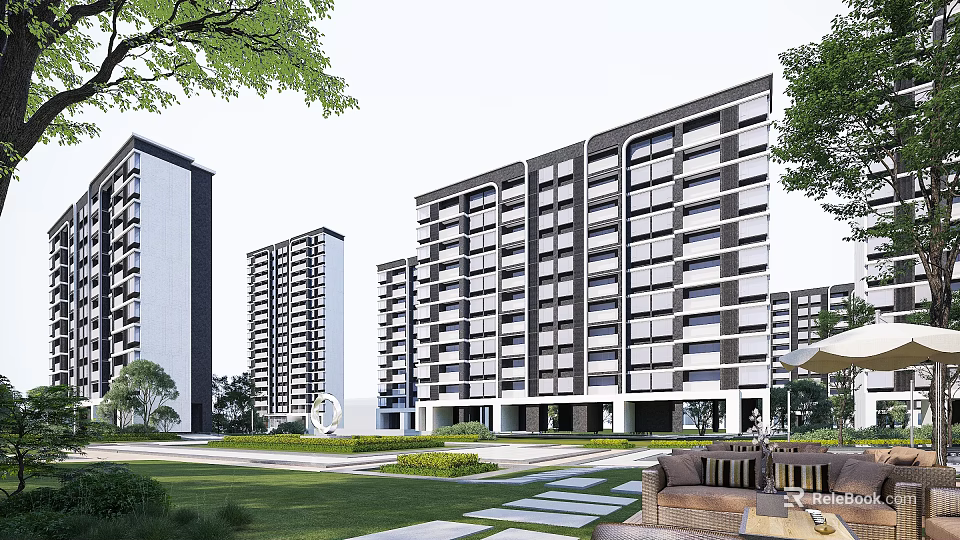 Modern Residential Building Exterior With Multiple Towers Green Lawn and Leisure Area 3d model 