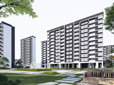 Modern Residential Building Exterior With Multiple Towers Green Lawn and Leisure Area 3d model