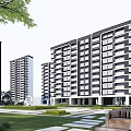 Modern Residential Building Exterior With Multiple Towers Green Lawn and Leisure Area