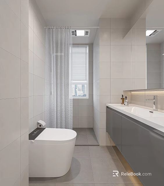 Modern Bathroom Interior Design With Tiled Walls Shower Curtain And Vanity Mirror 3d model 