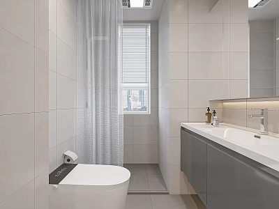 Modern Bathroom Interior Design With Tiled Walls Shower Curtain And Vanity Mirror 3d model