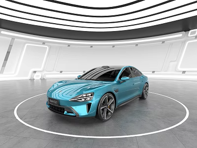 Blue Electric Car in Modern Futuristic Showroom With White Circular Lines And Sleek Lighting 3d model