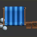 Colorful Food Stall With Blue Striped Awning Star Decorations And Wooden Crates For Fresh Snacks