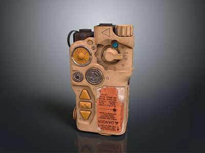 Tactical Tan Handheld Weapon With Knobs Buttons Yellow Warning Triangle And Orange Respawn TV Label 3d model