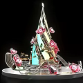 Christmas Tree Shaped Art Installation With Rose Decorations Merry Christmas Lettering And Reindeer