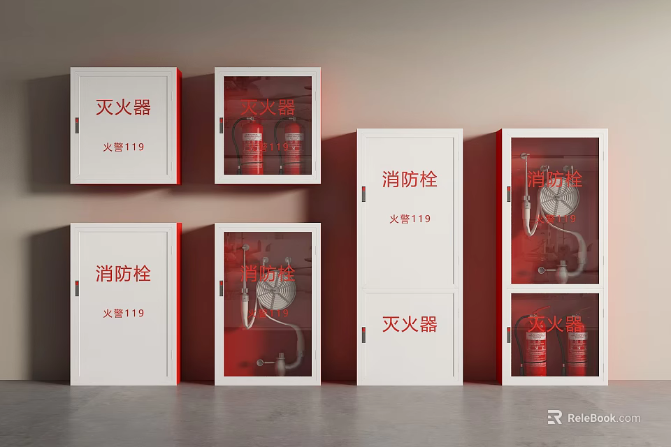 Fire Safety Equipment Including Fire Extinguishers And Hydrants In Red White Cabinets 3d model