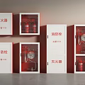 Fire Safety Equipment Including Fire Extinguishers And Hydrants In Red White Cabinets 3d model