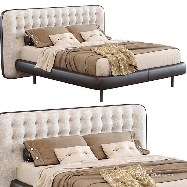 Modern Double Bed Featuring Upholstered Headboard Button Tufted Design And Neutral Bedding 3d model