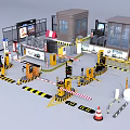 Public Facility Management Area With Guard Booths Automatic Barriers Parking Signs And Traffic Cones
