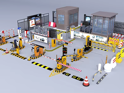Public Facility Management Area With Guard Booths Automatic Barriers Parking Signs And Traffic Cones 3d model