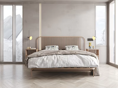 Modern Bedroom Double Bed Wooden Vertical Striped Headboard Light Sheets Nightstands Lamps Snowy Mountain View 3d model