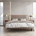 Modern Bedroom Double Bed Wooden Vertical Striped Headboard Light Sheets Nightstands Lamps Snowy Mountain View
