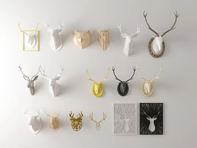 Stylish Various Deer Head Wall Decor In White Gold Black With Geometric Designs 3d model